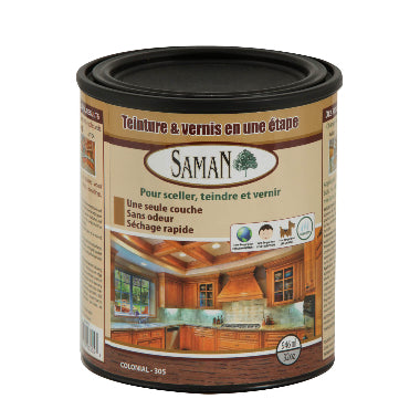 Saman wood finish can with label on a white background