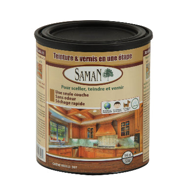 Saman wood finish can with label on a white background