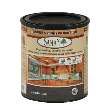 Saman wood finish can with black lid on a white background