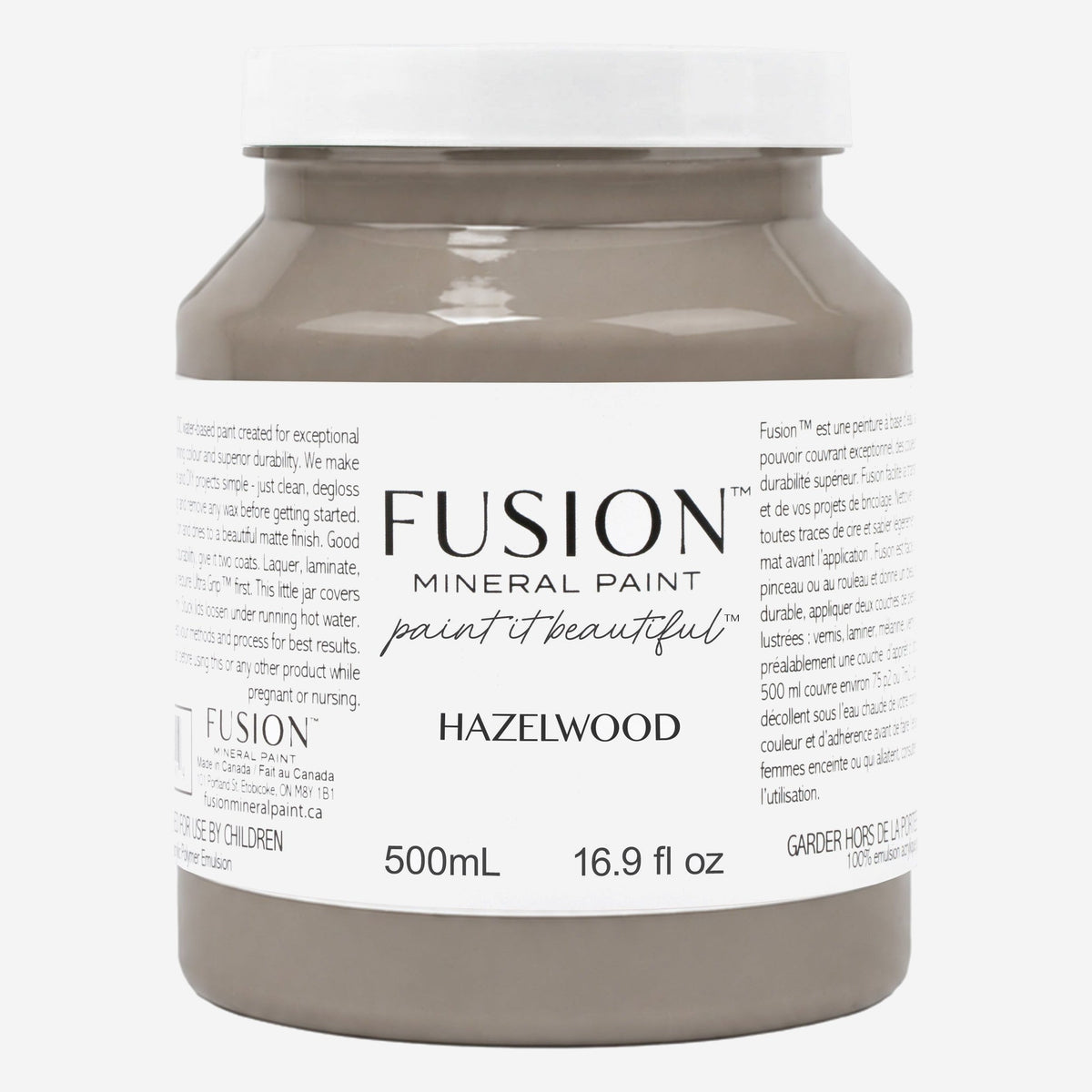 Fusion Mineral Paint in Hazelwood, 500 ml pint jar of warm taupe brown furniture paint