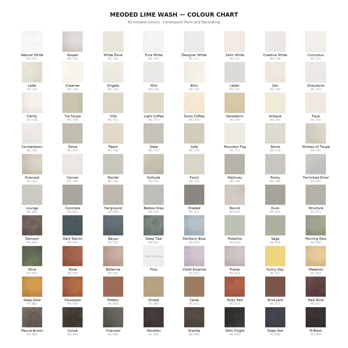 Meoded Lime Wash colour chart showing all 80 tintable limewash colours with names and MC codes