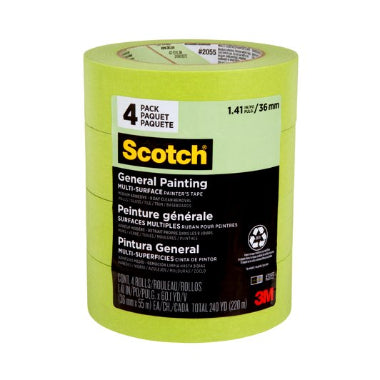 A pack of 4 rolls of 3M Scotch Painter's Tape in green color, designed for general painting purposes on multiple surfaces.