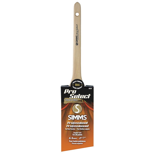 A Simms Pro Select angled paint brush with a wooden handle and polyester/nylon bristles.