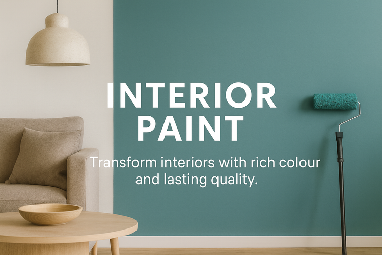 Bedroom with blue walls, small white table with lamp, and bed with blue sheets and pillows beside it