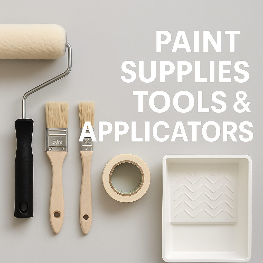 Top down view of three paint buckets with grey red and blue paint in them