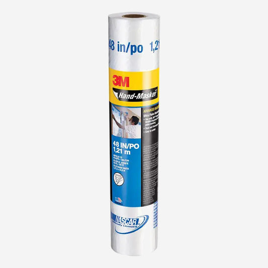 3M Hand-Masker AMF48 pre-folded advanced masking film roll, 48 inches by 180 feet, yellow and blue 3M label on a clear plastic film roll
