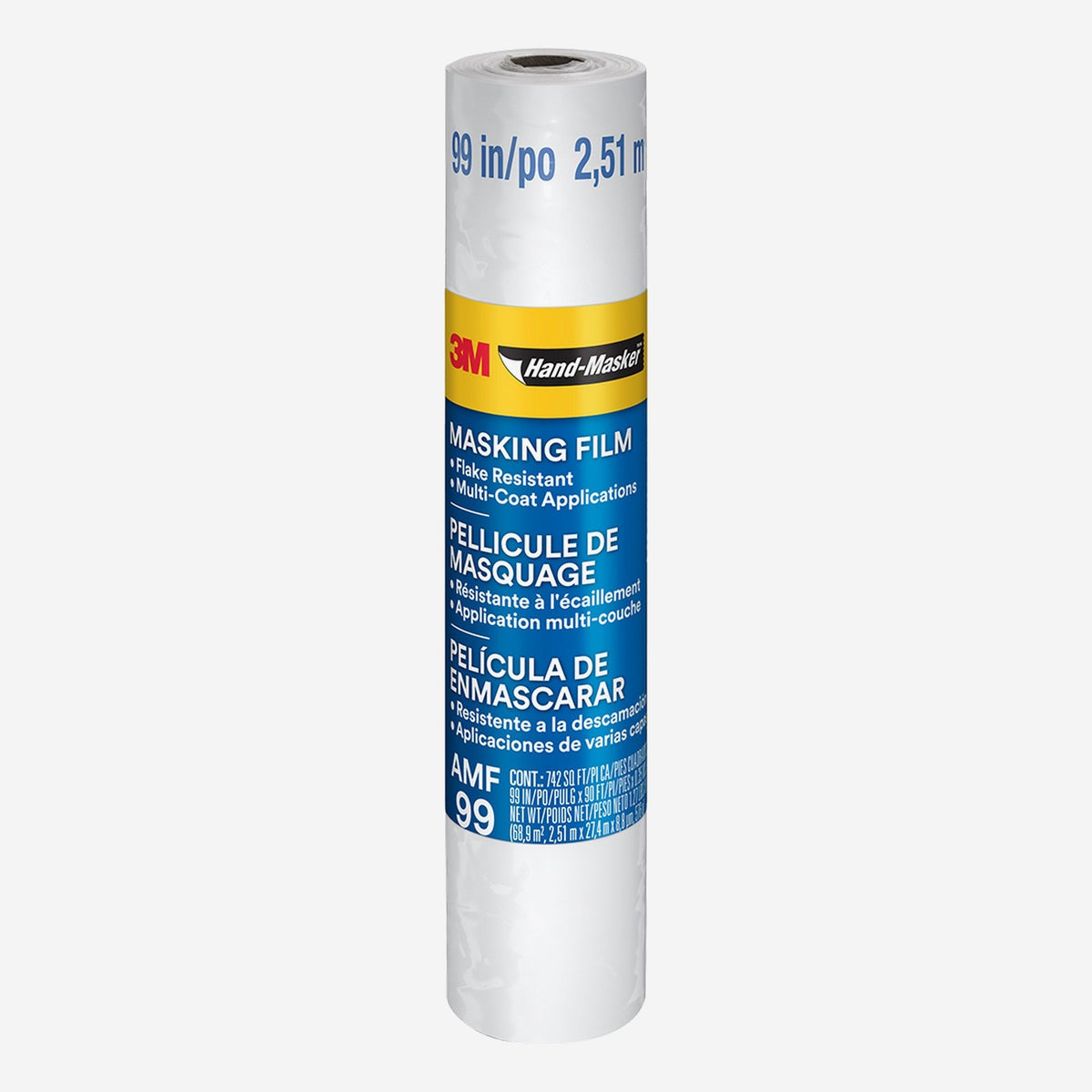 3M Hand-Masker AMF99 pre-folded advanced masking film roll, 99 inches by 90 feet, yellow and blue 3M Masking Film label on a clear plastic film roll