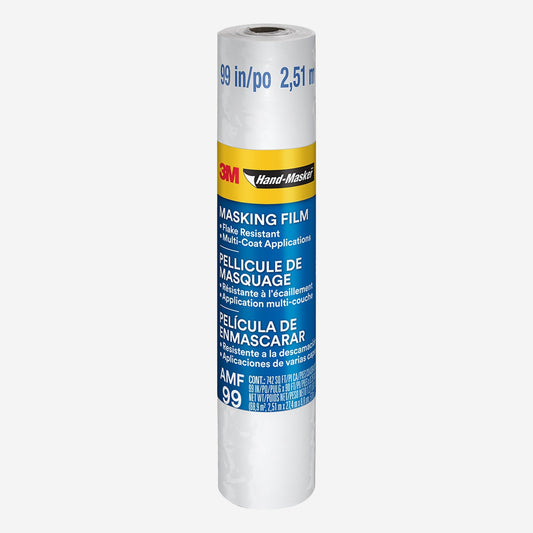3M Hand-Masker AMF99 pre-folded advanced masking film roll, 99 inches by 90 feet, yellow and blue 3M Masking Film label on a clear plastic film roll