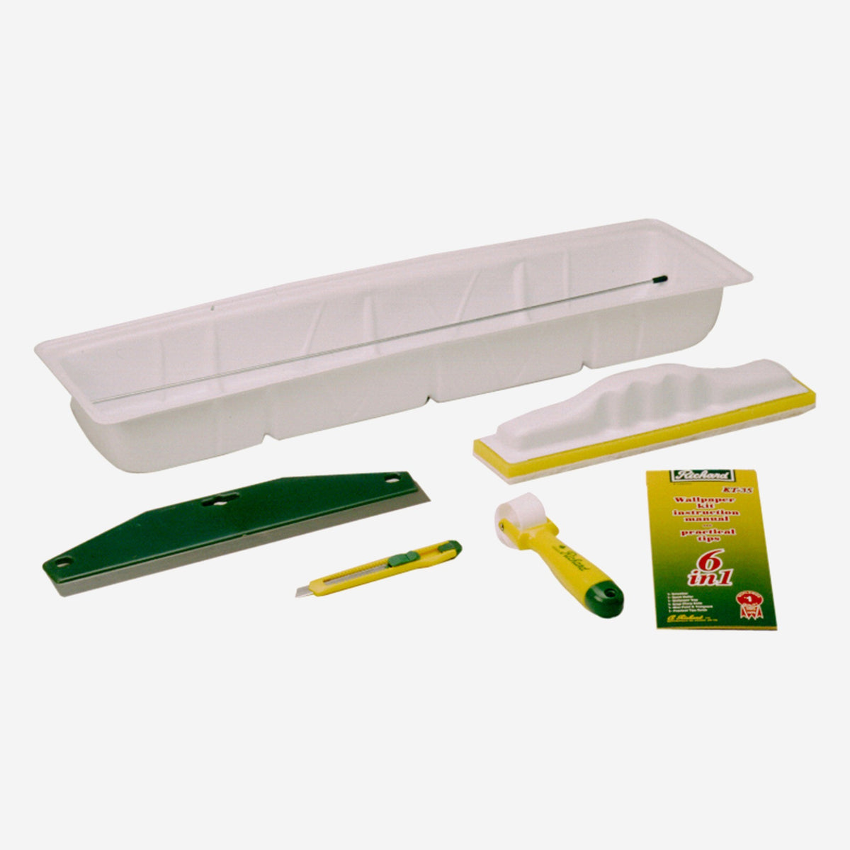 A. Richard KT-35 wallpaper installation kit with paste tray, 11-1/2 inch smoother, trim guide, snap-off utility knife and seam roller