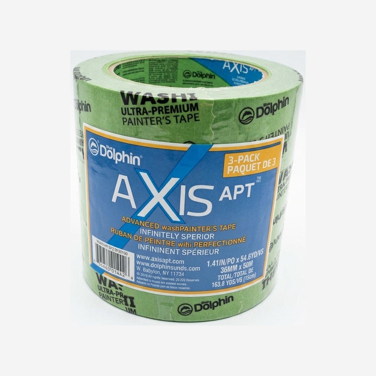Blue Dolphin AXIS APT Advanced Washi painter's tape 3-pack, three green 36 mm x 50 m rolls banded together with blue AXIS APT label