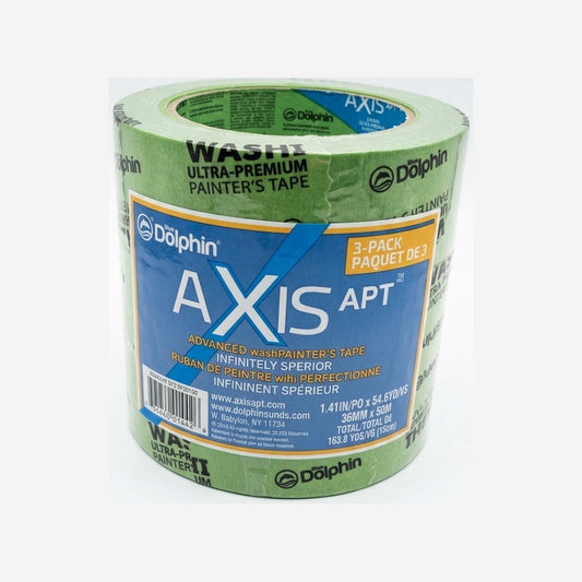 Blue Dolphin AXIS APT Advanced Washi painter's tape 3-pack, three green 36 mm x 50 m rolls banded together with blue AXIS APT label