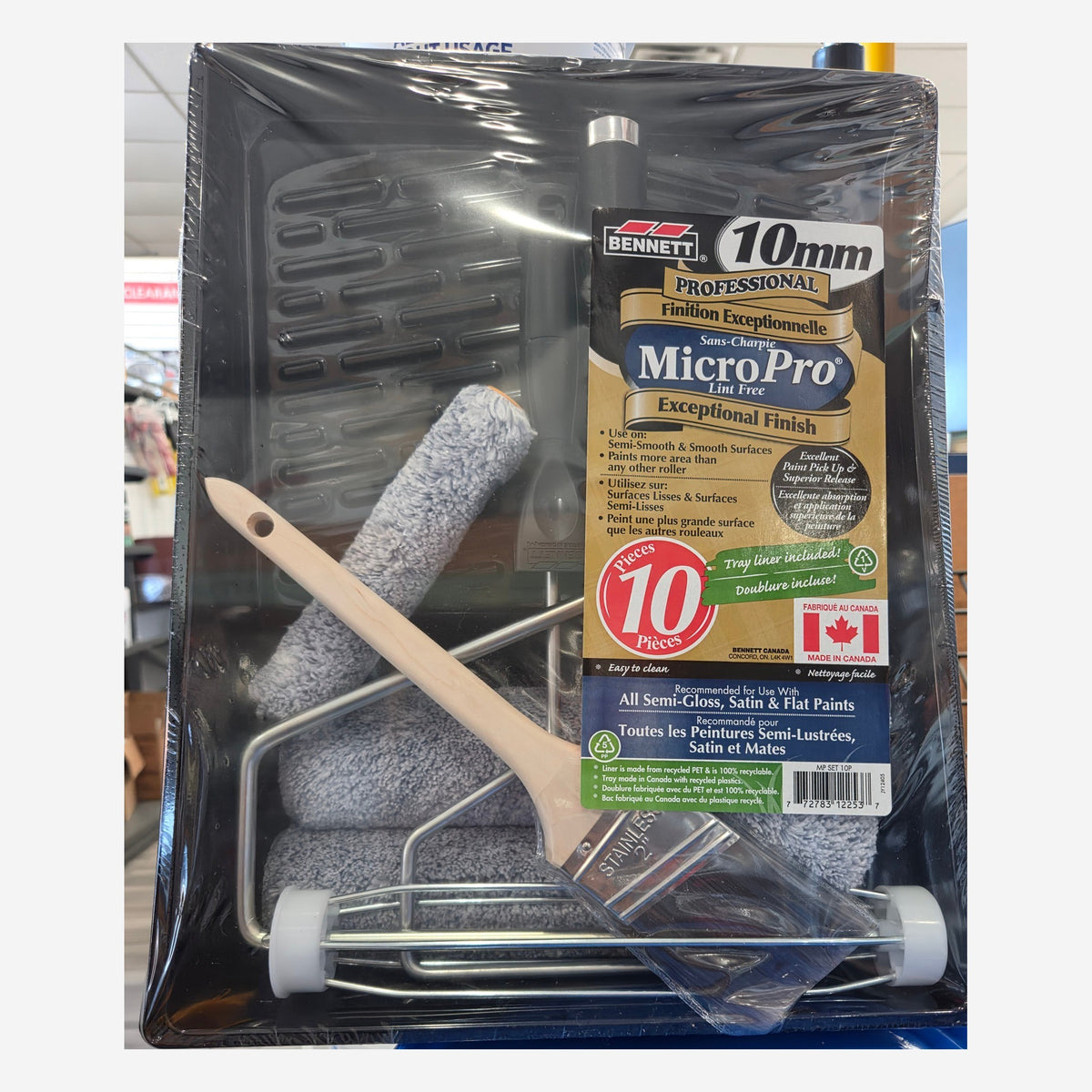 BENNETT MicroPro 10mm Professional 10-piece paint kit in packaging, with metal paint tray, lint-free grey roller sleeves, roller frame and stainless steel brush