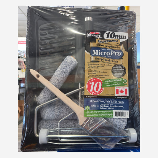 BENNETT MicroPro 10mm Professional 10-piece paint kit in packaging, with metal paint tray, lint-free grey roller sleeves, roller frame and stainless steel brush