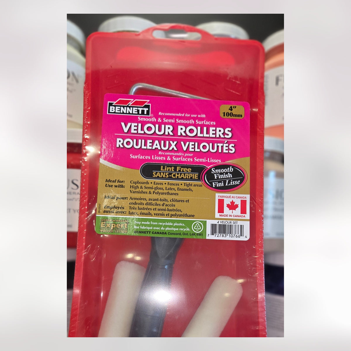 Bennett 4 inch velour roller set on the shelf at Centerpoint Paint and Decorating in Toronto