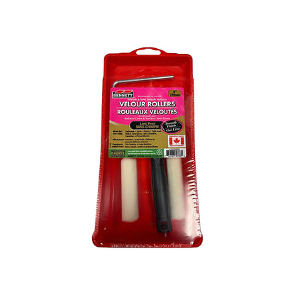 Bennett 4 inch velour mini roller set in retail pack with tray, frame and two lint-free velour sleeves, made in Canada