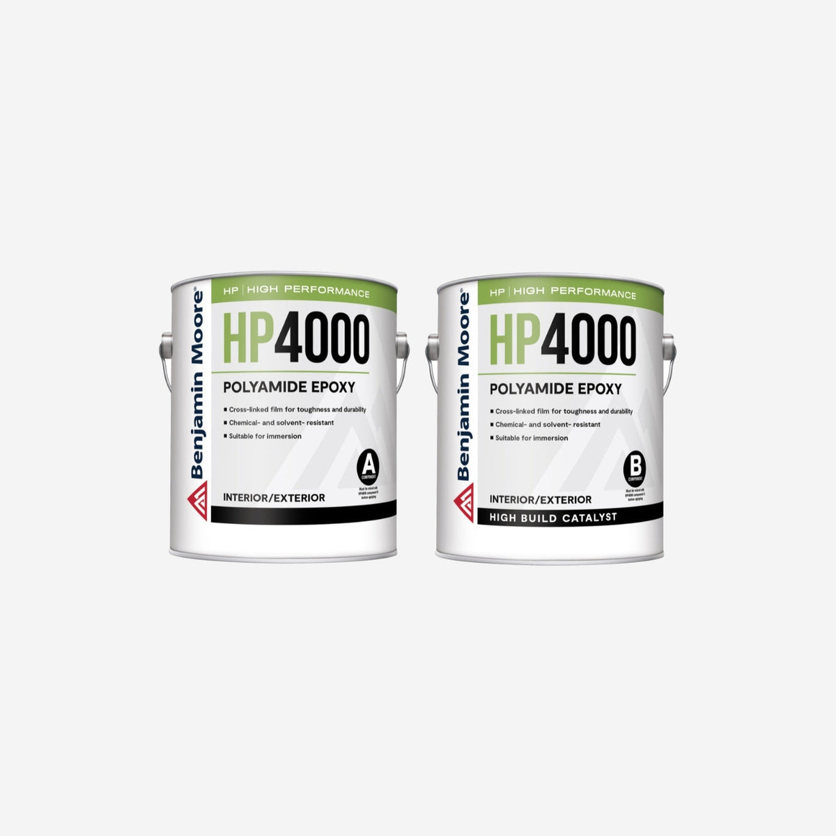 Benjamin Moore HP4000 Polyamide Epoxy two-part kit, Part A resin and Part B high build catalyst gallon cans