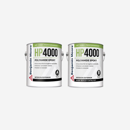 Benjamin Moore HP4000 Polyamide Epoxy two-part kit, Part A resin and Part B high build catalyst gallon cans