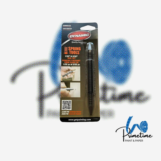 Dynamic Spring Tools hammerless nail set in packaging, pencil-sized spring-loaded tool with 1/32 inch and 2/32 inch tips
