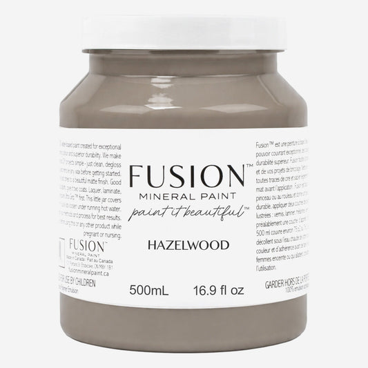 Fusion Mineral Paint in Hazelwood, 500 ml pint jar of warm taupe brown furniture paint