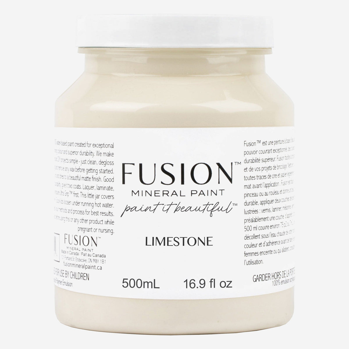 Fusion Mineral Paint in Limestone, 500 ml pint jar of warm cream furniture paint