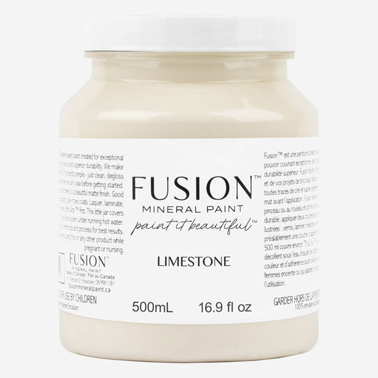 Fusion Mineral Paint in Limestone, 500 ml pint jar of warm cream furniture paint