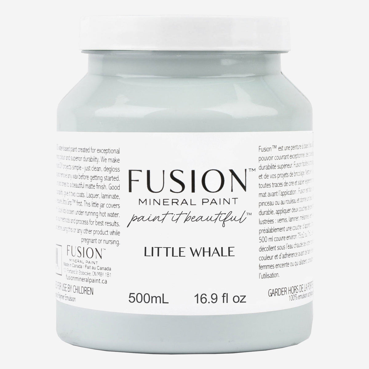 Fusion Mineral Paint in Little Whale, 500 ml pint jar of soft duck-egg blue furniture paint
