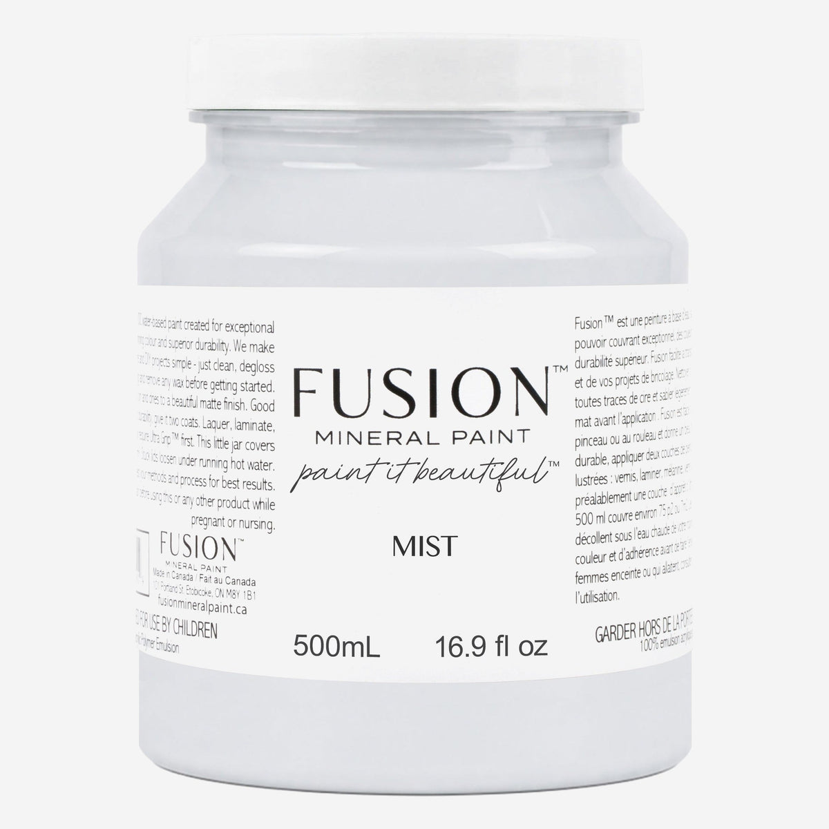 Fusion Mineral Paint in Mist, 500 ml pint jar of soft pale blue-grey furniture paint