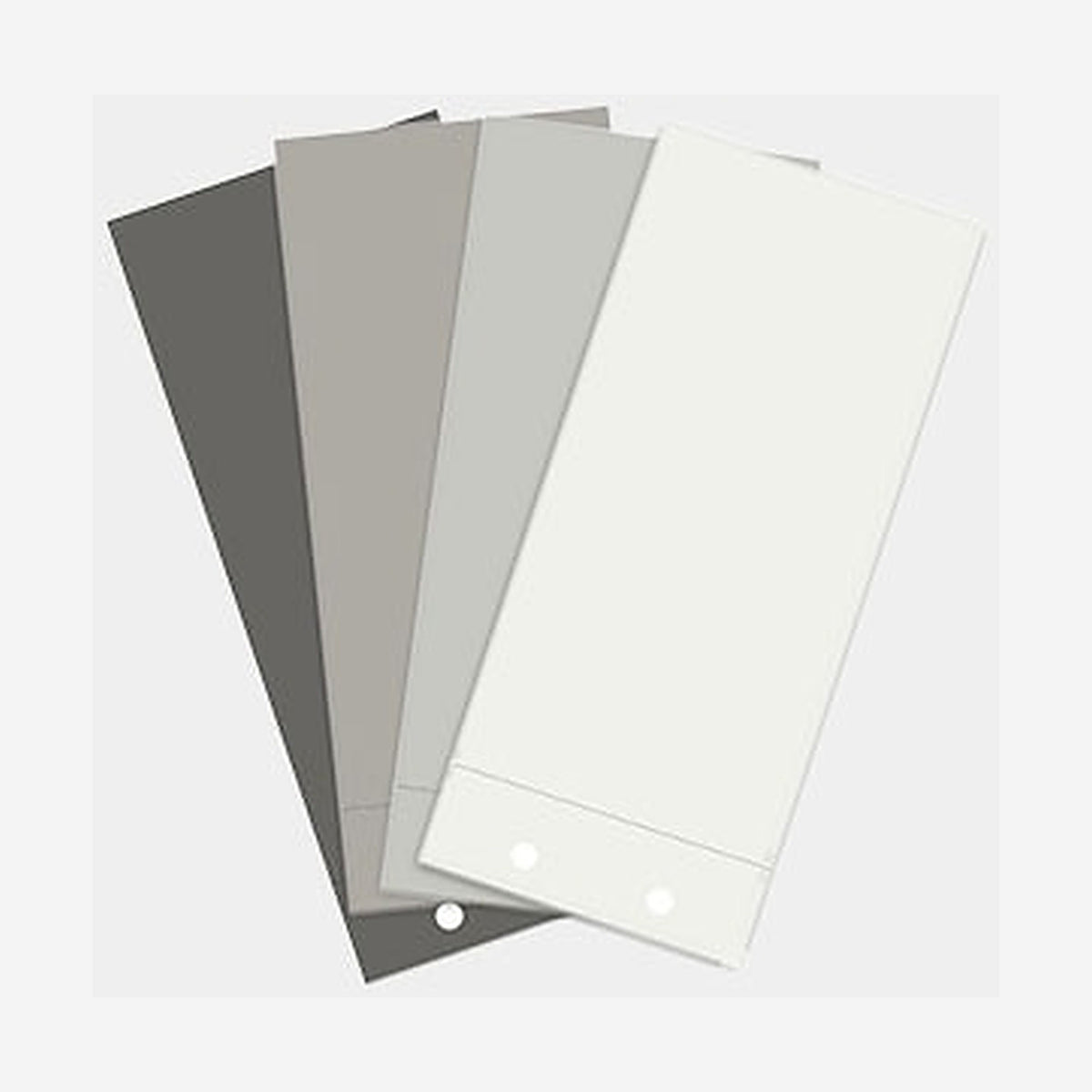 Benjamin Moore 4 inch by 8 inch eggshell colour swatch sheets fanned out in four grey and off-white tones on a light grey background