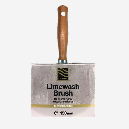 Nour Limewash Block Brush with wooden threaded handle, blended bristle block head and stainless steel bucket hook, shown in retail packaging