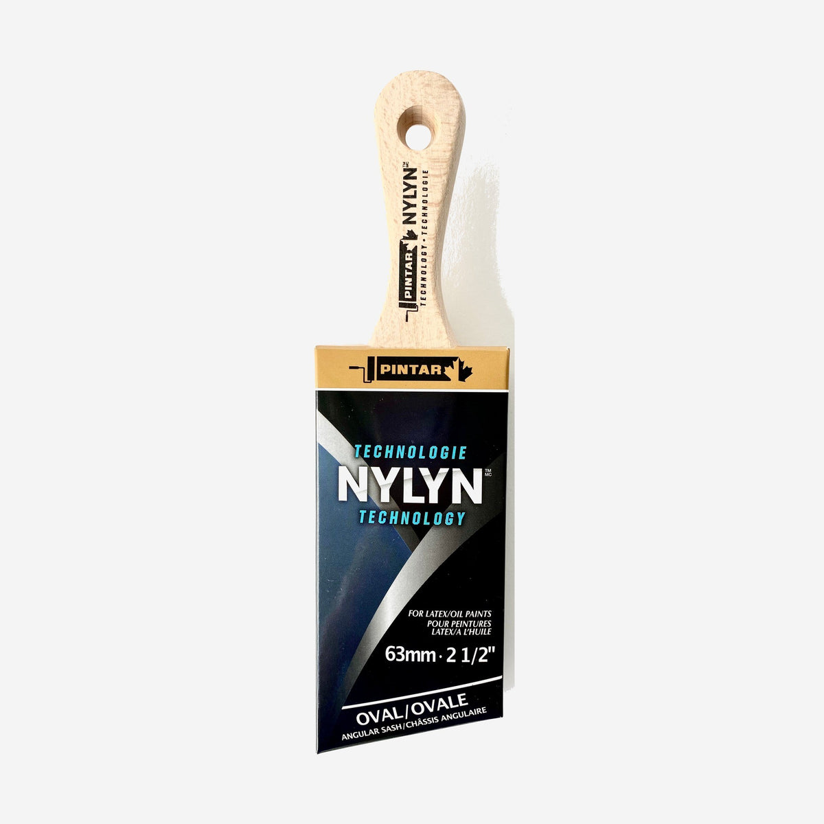 Pintar Nylyn short handle angular sash paint brush, 63 mm (2.5 inch), wood handle with black and gold Nylyn Technology packaging
