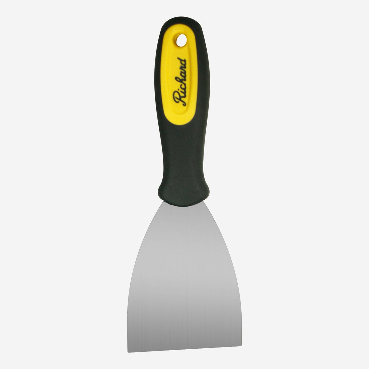Richard Ergo-Grip carbon steel putty knife with black and yellow Santoprene handle and 1-1/4 inch stiff blade