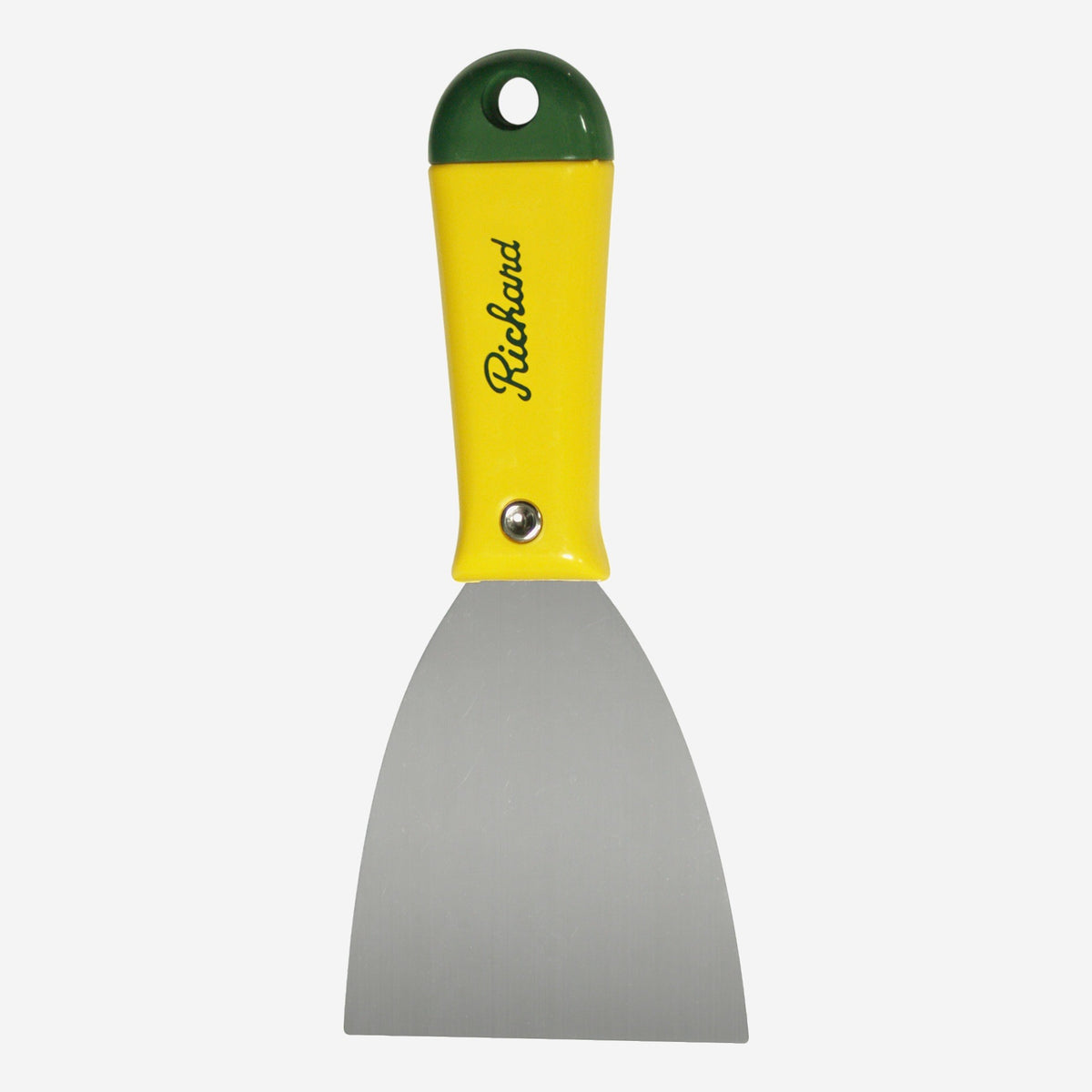 Richard Signature Series carbon steel putty knife with yellow polypropylene handle and 3 inch stiff blade