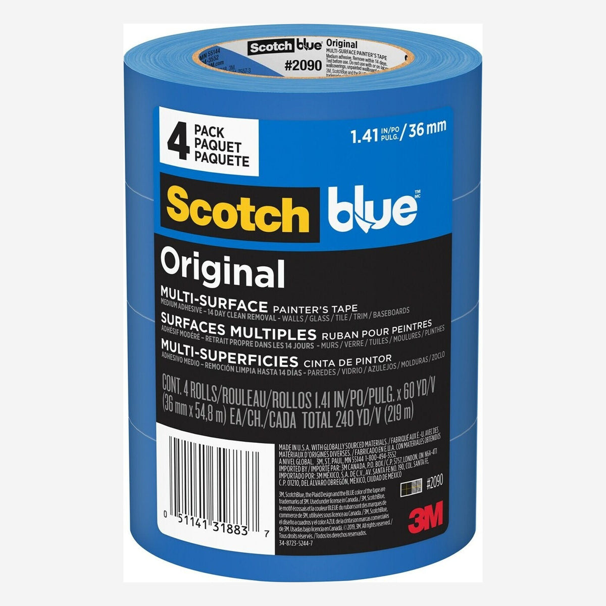 3M ScotchBlue Original Multi-Surface painter's tape, 4-roll pack, 1.41 in x 60 yd (36 mm x 54.8 m) blue masking tape rolls with blue and black label