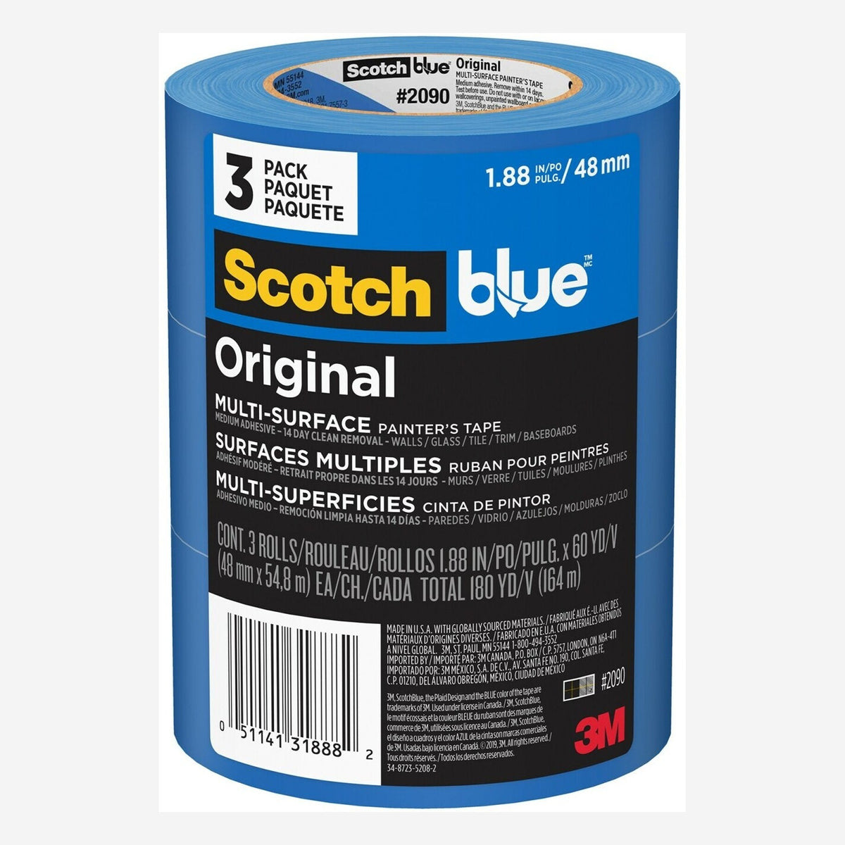 3M ScotchBlue Original Multi-Surface painter's tape, 3-roll pack, 1.88 in x 60 yd (48 mm x 54.8 m) blue masking tape rolls with blue and black label