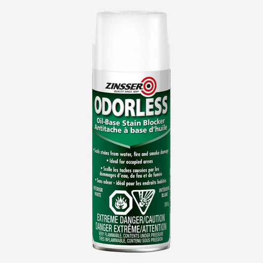 Zinsser Odorless Oil-Base Stain Blocker spray can, 369 g bilingual Canadian label, white interior primer that seals water, fire and smoke stains